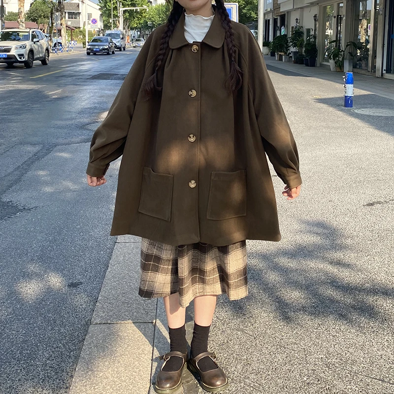 

Japanese College Wool Long Coat Women Turn Down Collar Jacket Autumn Sweet Fashion Casual Winter 2021 Elegant Button Up Overcoat