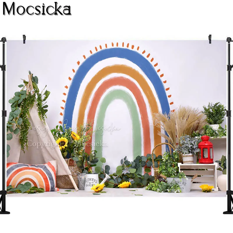 Bohemia Rainbow Backdrop Spring Flowers Kids Child Portrait Photography Photo Studio Props Cake Smash Birthday Background Banner