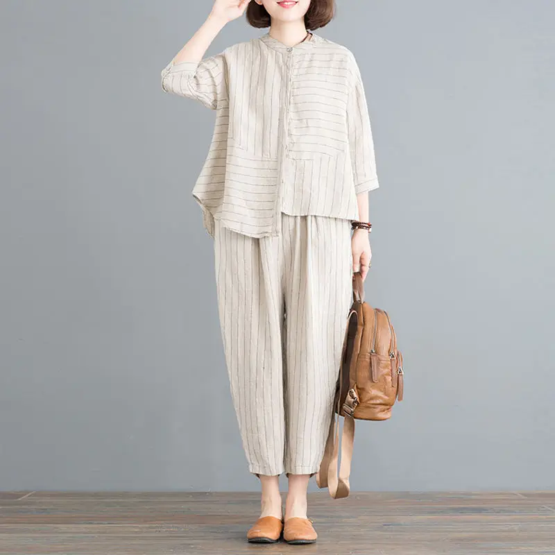 New Large Size Suit Women Clothing Summer Loose Striped Half Sleeve Cotton Linen Shirt Wide-leg Nine-point Pant Two-piece Sets