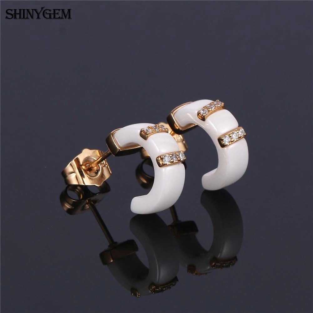 Fashion Korean Zircon Micro Pave Gold Plated White Pottery Jewelry Ceramics Stud Earring Piercing For Women Girl Party Gift