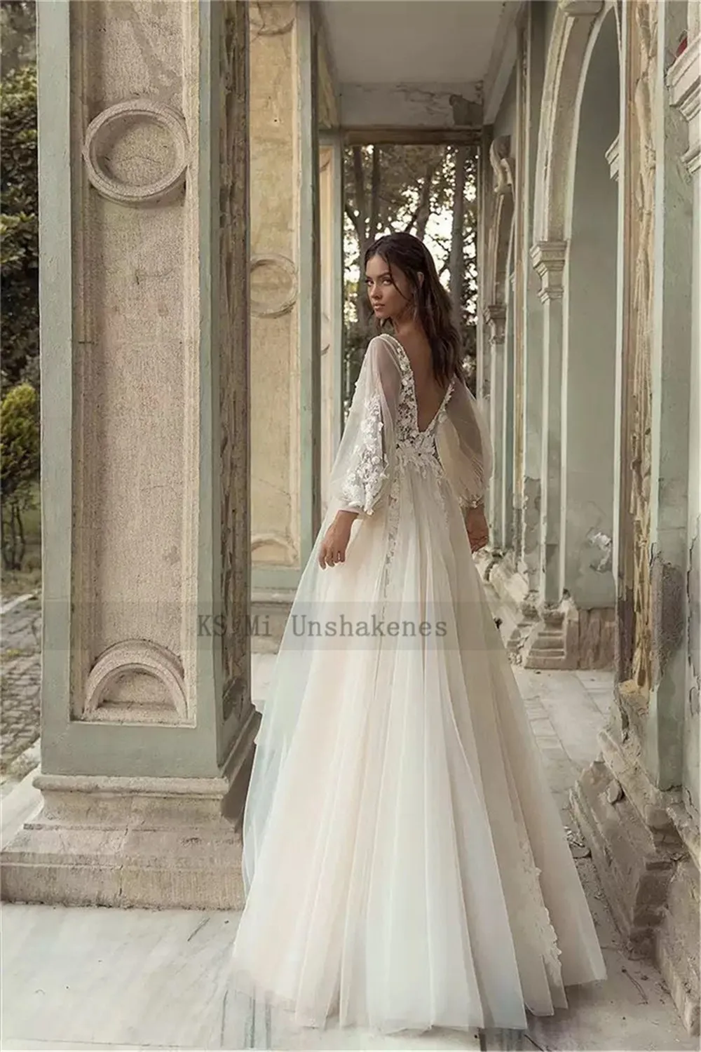 Ivoor Elegant 2022 Wedding Dresses Floor Lengte Kant Vintage Bruid Jurk V-hals Puff Lange Mouwen Bruidsjurken Bohemian Casament