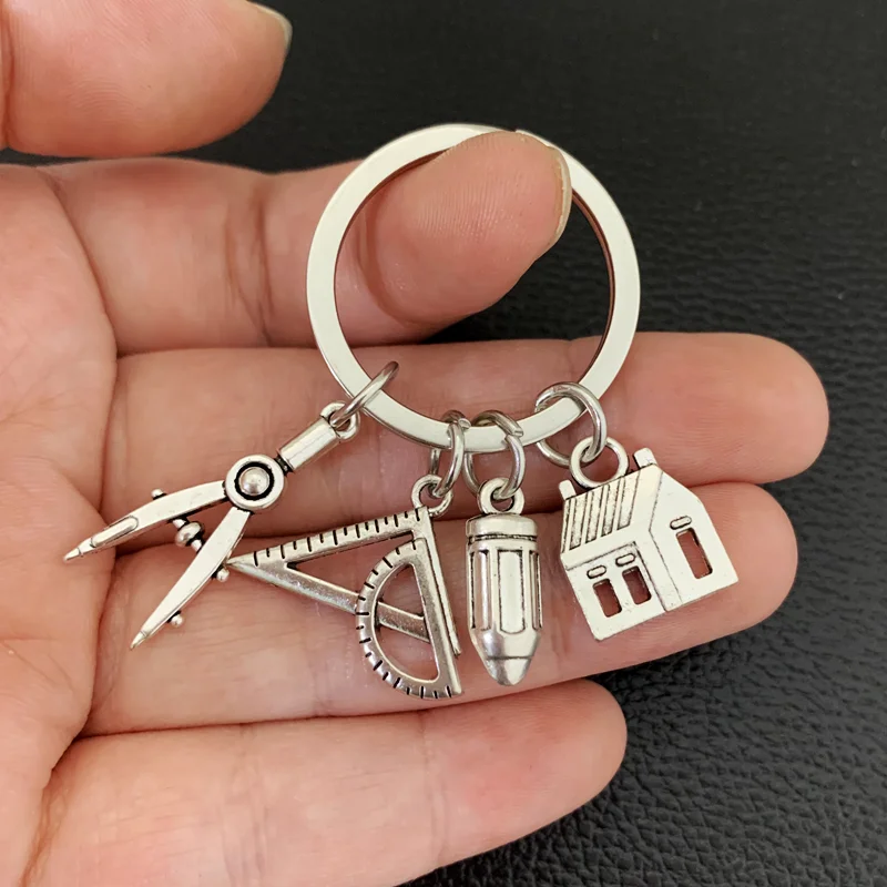 New House key ring Compass Ruler Keychain Real Estate Architect Keychain Engineer Engineering Student Drawing gifts