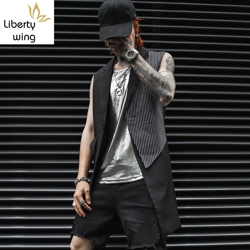 New Fashion Mens Long Suit Vest Patchwork Striped Sleeveless Waistcoat Blazer Gilet Homme Personality Slim Fit Club Party Jacket