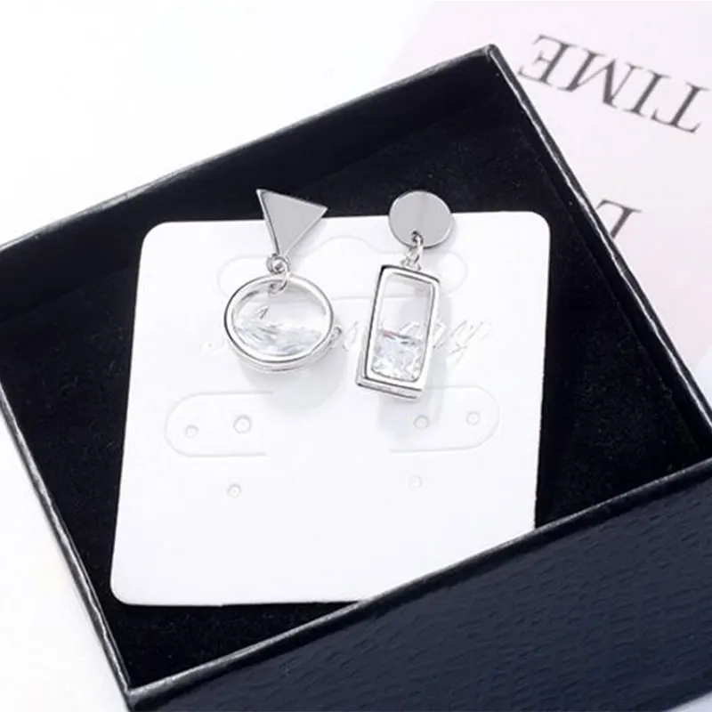 Fashion 925 SIlver Needle Earrings For Women Asymmetric Water Zircon Gun Black Color Circle Square Tassel Earring Pendientes