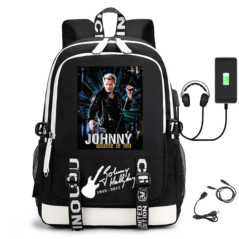 Ransel USB Pemuda Uniseks Olahraga Nilon Ringan Tas Komputer Tas Sekolah Johnny Hallyday Pelajar Pria dan Wanita