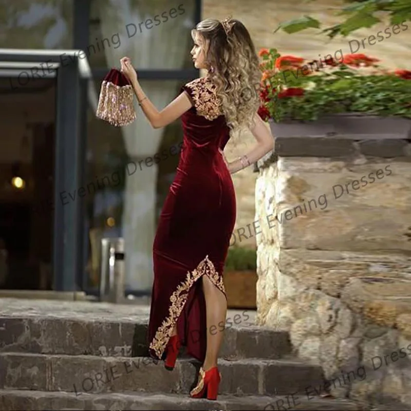 LORIE-Robe de soirée bordeaux avec poignées pour femme, jupe amovible, caftan marocain, robe de soirée en velours, robe de soirée de Rh, quoi que ce