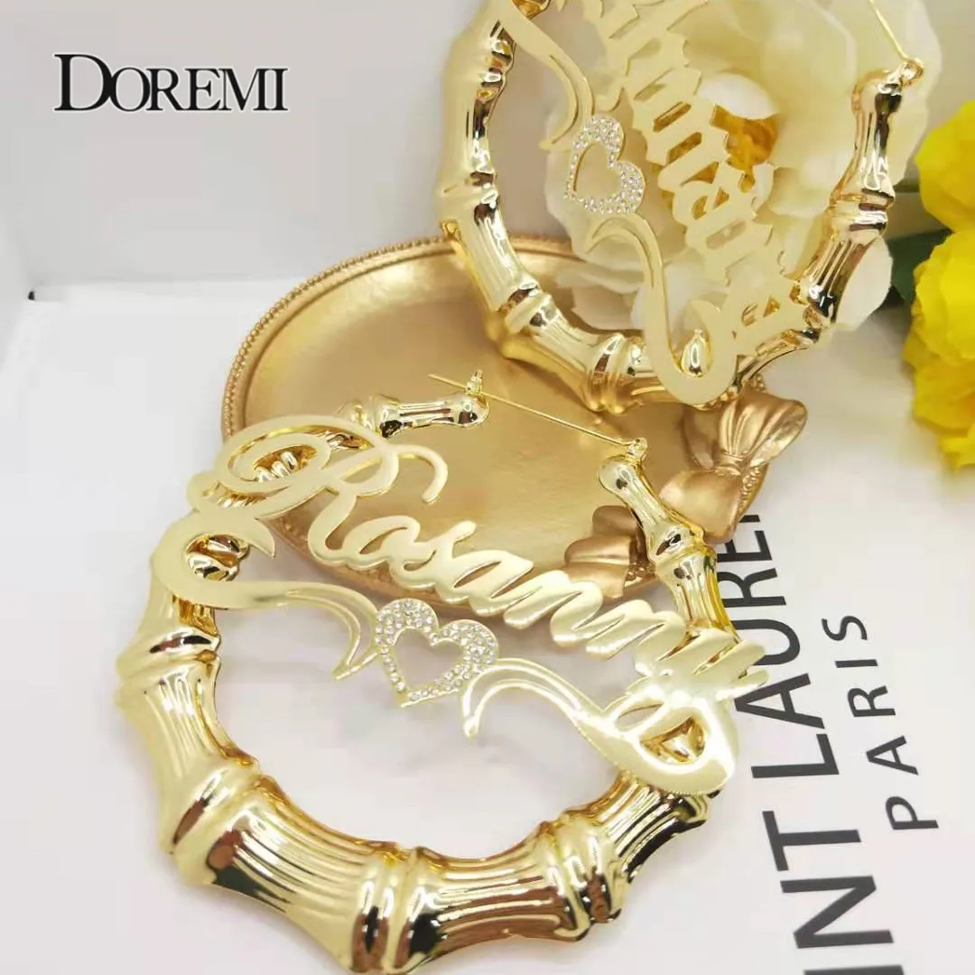 DOREMI Bling Heart Name Bamboo Earrings Custom Hoop Bamboo Names Earrings Letter  Big Personalised Name Earrings Women Gift