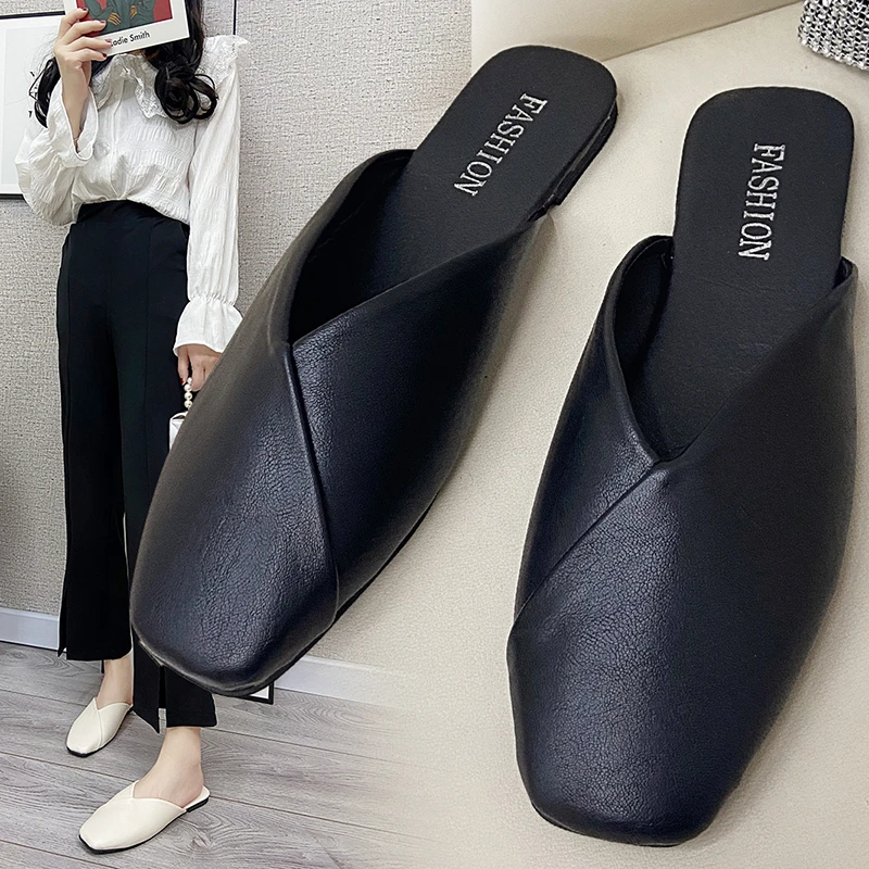 Women Mules 2022 Summer Elegant Square Closed Toe Flat Slippers Female Shoes Casual Leather Black White Slides Plus Size 35-43