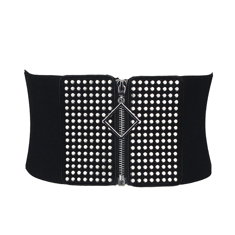 Ceinture élastique large pour femme, ceinture à rivets, ceinture peplum pour femme, noir, dames, mode