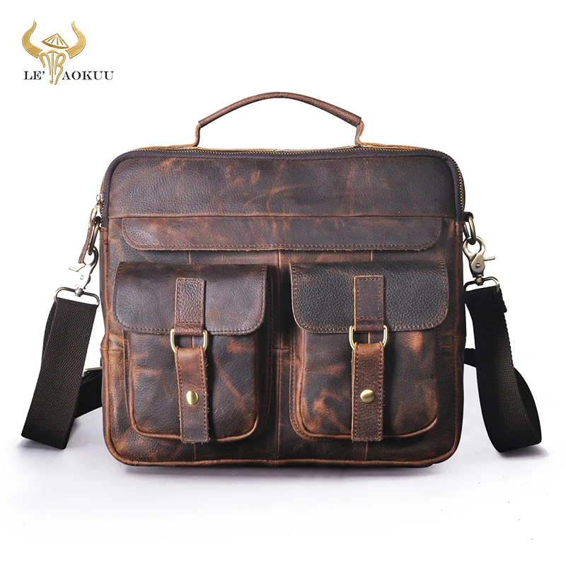 Thick Original Leather Antique Travel Business Briefcase 13" Laptop Case Attache Portfolio Bag For Men Male Messenger Bag B207