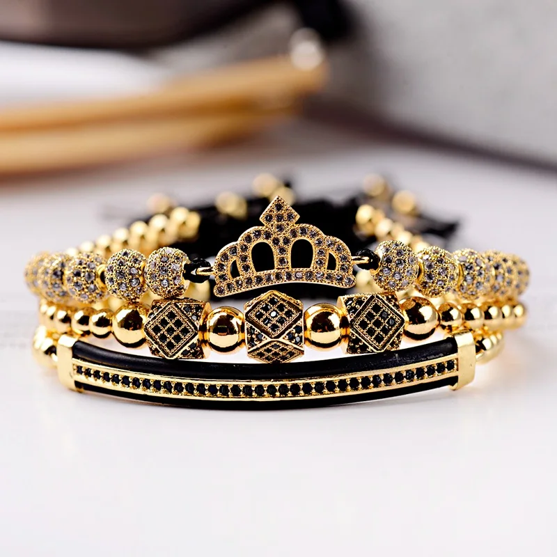 Luxury CZ King Crown Bracelet Set Men Jewelry Gift Classic Copper Beads Braided Bracelets & Bangles Pulseira Feminina Gift