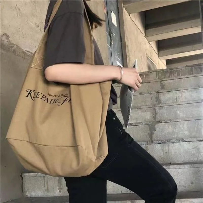 Women Vintage Letter Printed Shopping Bags Canvas Large Capacity Open Portable Shopper All-match Underarm Tote Mori-girl Stylish