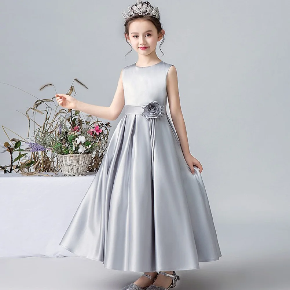 Dideyttawl Satin Long Flower Girl Dresses Elegant Kid Wedding Birthday Party Gown Pageant Junior Concert Formal Party Simple