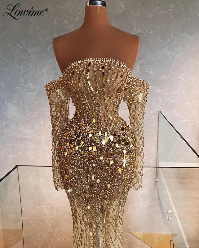 Heavy Beaded Crystals Arabic Gold Sequined Evening Dresses Off The Shoulder Prom Party Gowns Long Celebrity Dresses Customized