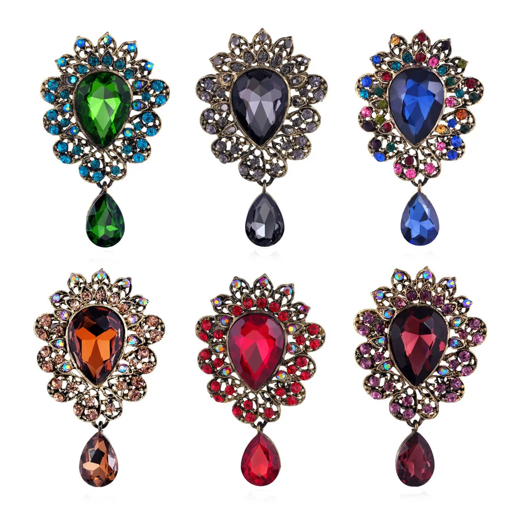 New Water Drop Big Middle Crystal Rhinestones Brooches Ladies Jewelry Big Red Glass Brooch Pin for Women Wedding Jewelry Gifts