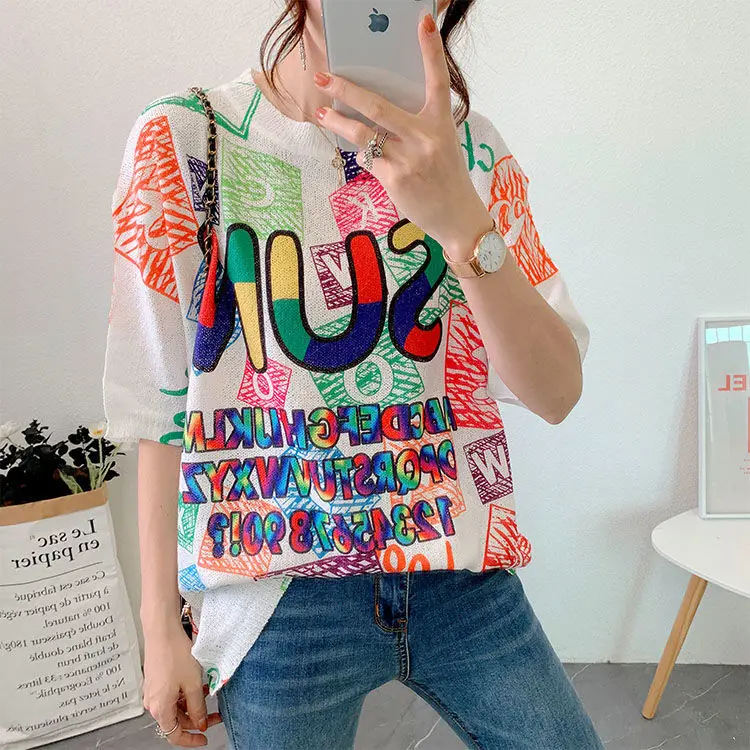 Good Quality Knitted Women's Loose Tees Blouse Summer Colorful Letters Printed Female Maxi Blousa Shirts Tees Tops Ladies NZ109