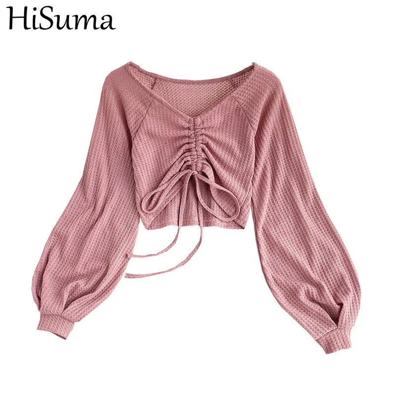 Women Summer V-Neck Bandage Lace Up Strap Knitted Sweater Shirt New Lady Short Elastic Slim Pullover Drawstring Chic Blouse Tops