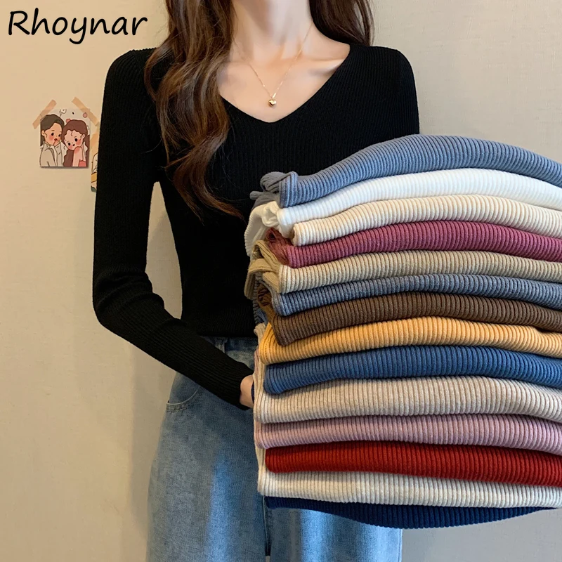 

Pullover Women Solid Simple V-Neck All-match Ulzzang Vintage 15 Colors Knitted Korean Style Casual Sweet Girls Stretchy Sweaters