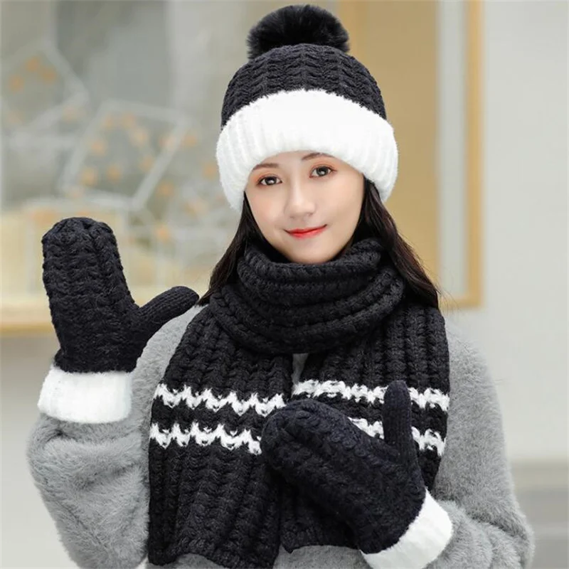 Fashion Women\'s Hat Scarf /Gloves Sets Autumn-Winter Female Thickening Three - Piece Knitted Caps Lady Warm Beanies Hat