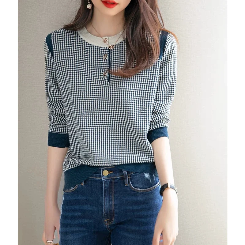 DY Western style all-match loose top women 2020 autumn new round neck long sleeve black and white plaid sweater