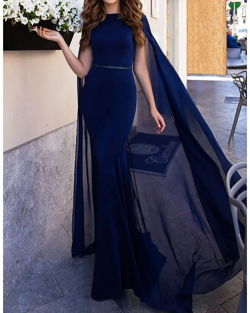 

Navy Blue Muslim Evening Dresses V-neck Chiffon Beaded Moroccan Kaftan Islamic Dubai Saudi Arabic Long Engagement Prom Gown