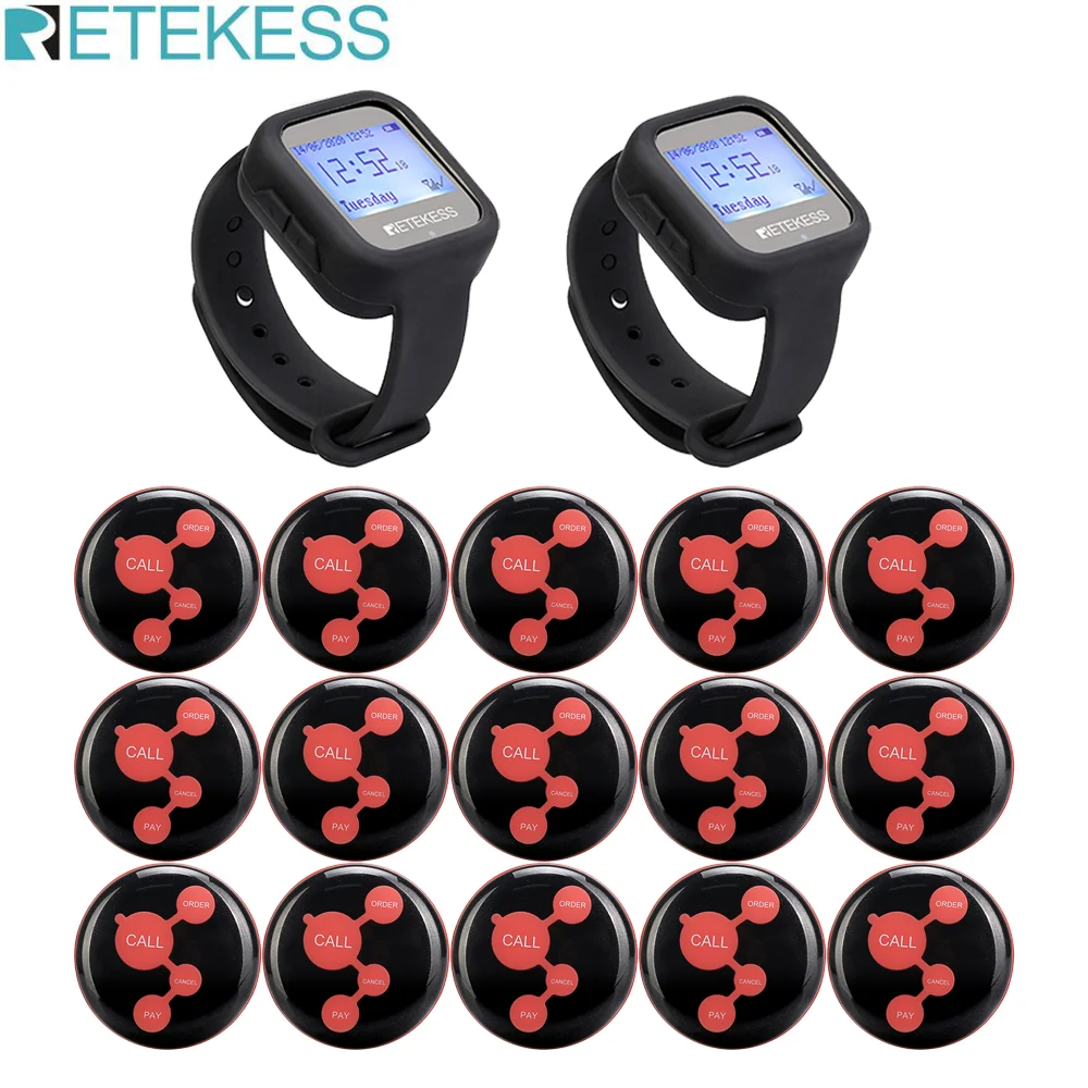 Retekess Restaurant Pager Wireless Calling System 2pcs TD106 Waterproof Watch Receiver+15pcs TD010 Call Button for Cafe Clinic