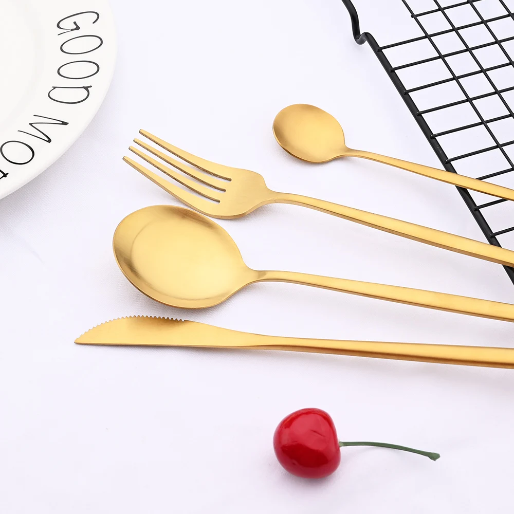 Matte Gold Tableware Stainless Steel Cutlery Set Kitchen Flatware Dinner Fork Spoon Knife Cake Fork Ice Spoon Dinnerware Set