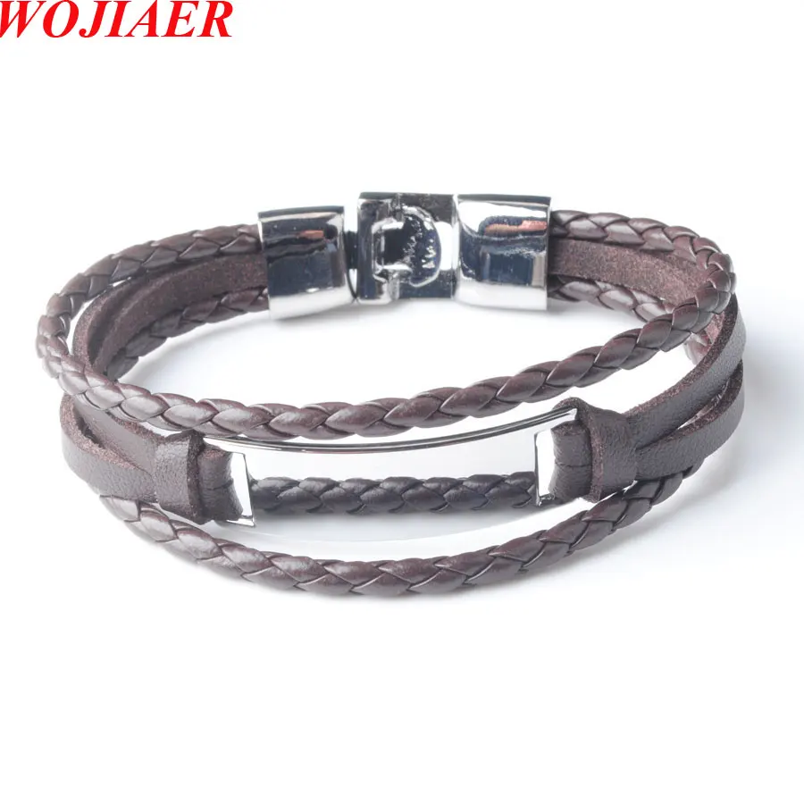 WOJIAER Men Black Handmade Dichroic Bracelet Charm Genuine Leather Jewelry BC008