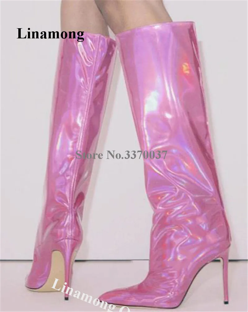 Linamong Shining Bright Pointed Toe Pink Knee High Stiletto Heel Boots Slip-on Charming Long High Heel Boots Dress Shoes