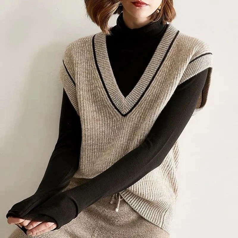 Autumn Winter  Cashmere Sweater Women Vest Ladies Knitted Sleeveless V-Neck Pullover Fashion Female Vest Loose Tops