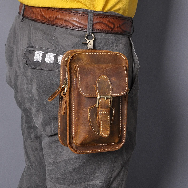 Quality Leather men Casual Design Fashion Multi-Function Hook Bum Messenger Bag Fanny Waist Belt Pack  6\