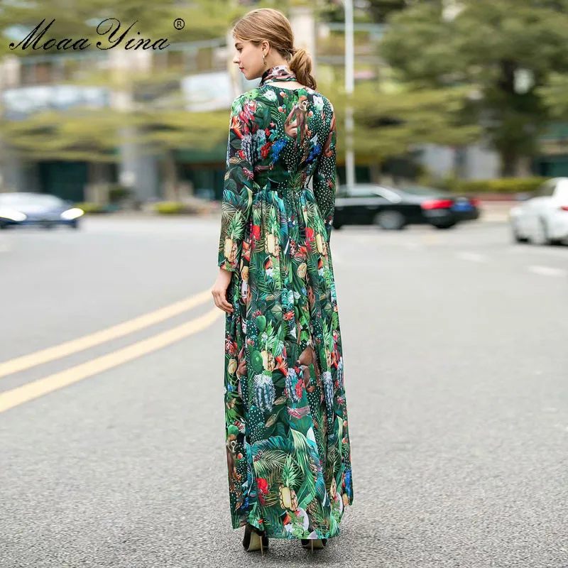 MoaaYina Fashion designerska sukienka wiosna jesień kobiety sukienka z długim rękawem Rainforest Floral-Print Maxi sukienki