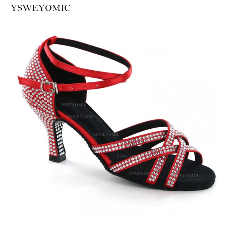 Women Dance Shoes Latin Woman Ballroom Latino Dancing Shoes Party Sandals Red Rhinestion Outsole Bachata Salsa Dance-shoes