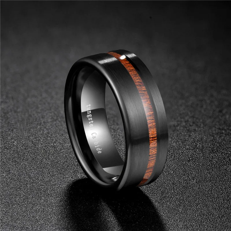 Tigrade Black Ring Men with Wood Line Tungsten Carbide Ring 8mm Cool for Party Jewelry Dark Brand gothic aneis hombre Wooden