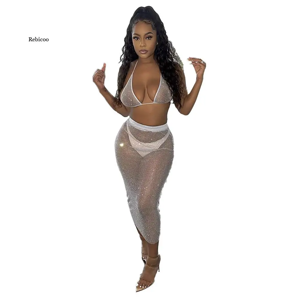 

Women Sexy Mesh Beach Cover Up 2 Piece Set See Through Bra and Mid-Calf Dress Swimwear Beach Bathing Suit Party Clubwear