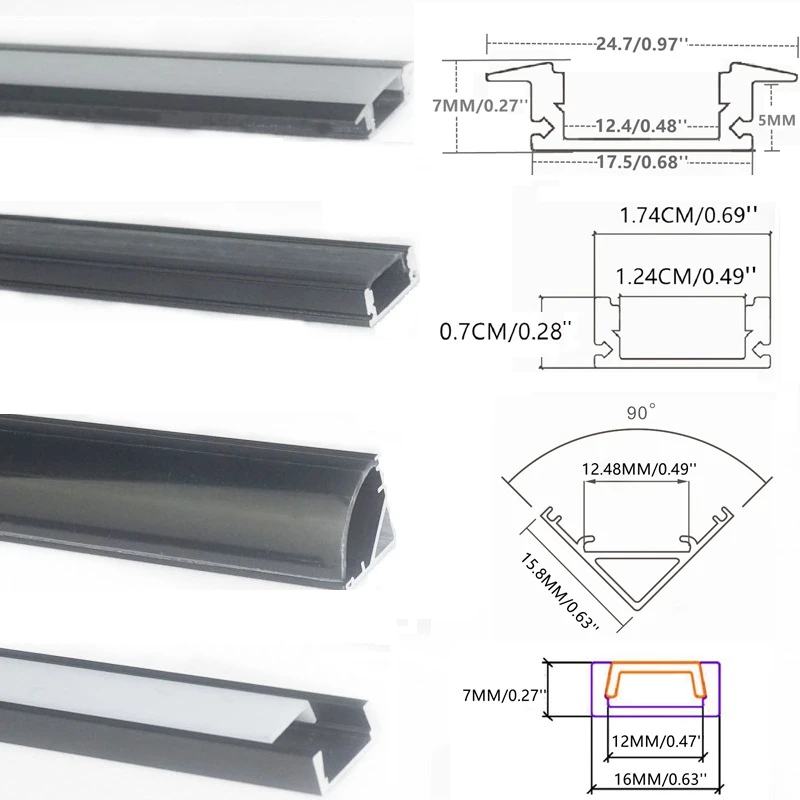 10-Pack 1M 3.3FT Black LED Aluminium Profile,12MM Strip U V YW Channel Milky Smoky Cover Cabinet Wardrobe Tape Light Diffuser