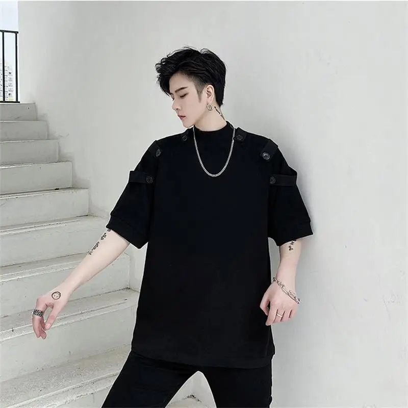 Male Korean version singer street casual short sleeves white black T-shirt male retro hip-hop multi-button large size T-shirt