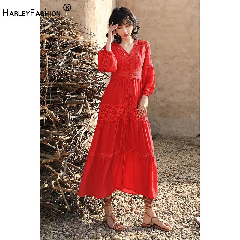 HARLEYFASHION Women Retro Casual Embroidery Hollow Out V-Neck Lantern Sleeve Reduction Age Goddess Bohemian Ankle-Length Dress