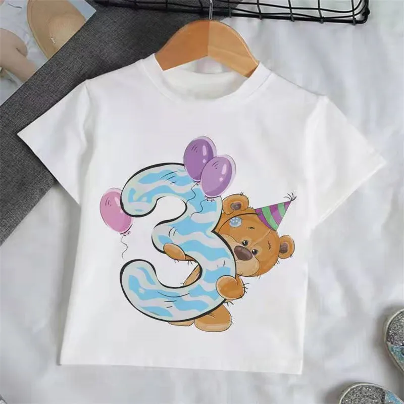 

Birthday Boys Girls Bear Tshirt Cute T-shirt Children's Clothing Number Print Child's Tee Clothes Costume Kids Tops