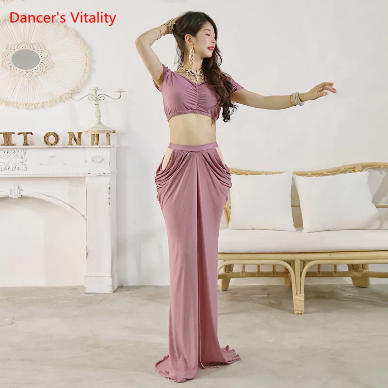 Belly Dance Suit Mesh Sequins Top Short Sleeeves Split Skirt Performance Clothes Set Oriental Dancing Female Practice Clothing