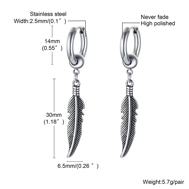 Silver Color Feather Earrings, Native American Indian Charm Earrings,Stainless Steel Hypoallergenic Stainless Steel Hoops Earing