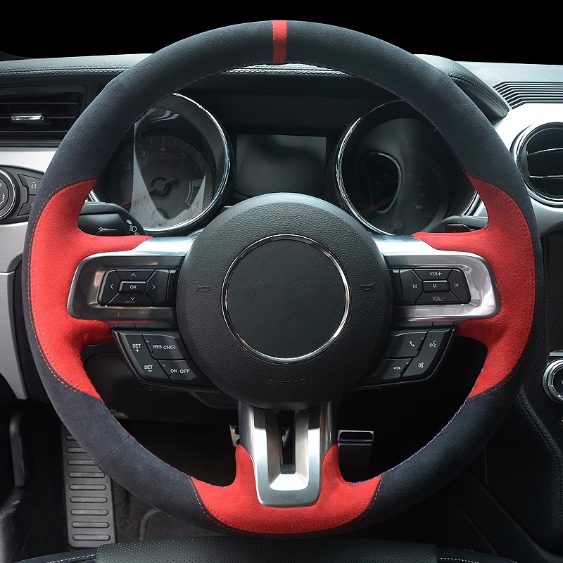 Black Red Alcantara Hand-stitched Steering Wheel Cover for Ford Mustang 2015-2019 Mustang GT 2015 2017 2018 2019