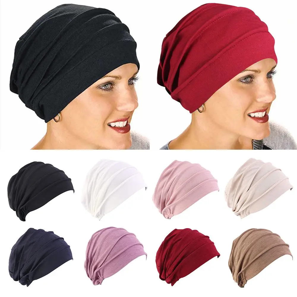 Women Elastic Turban Beanie Soft Cotton Bonnet Muslim Hijabs Head Wrap Chemo Hat