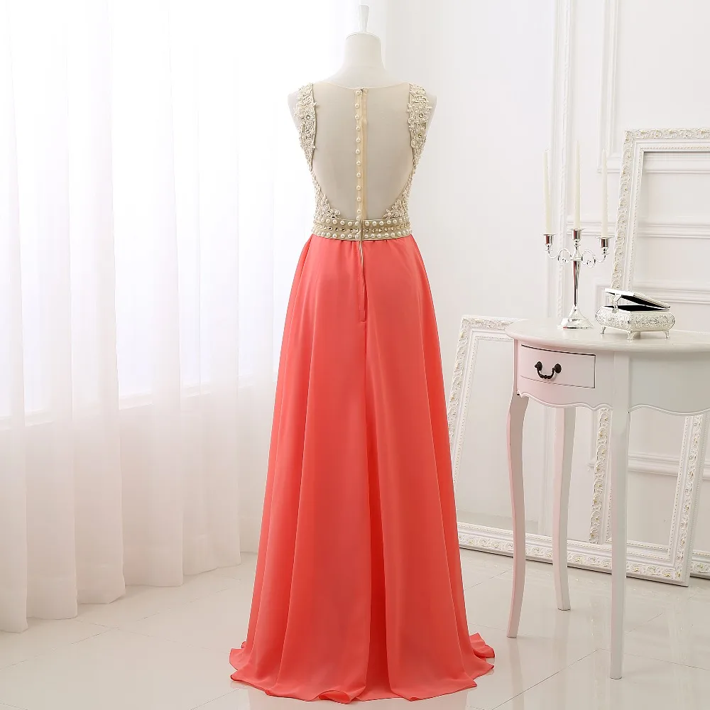 appliques 2018 Good Quality Real Picture Coral Chiffon Strapless see through Back a-line Pearls Prom Gown bridesmaid dresses