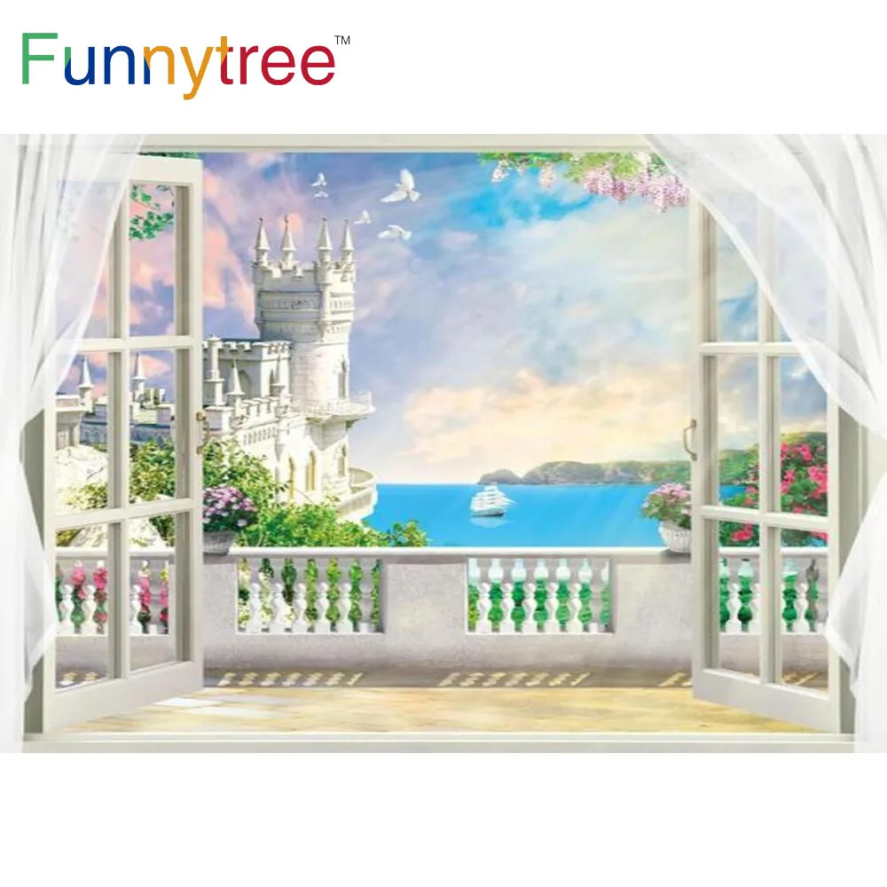 Funnytree Castle Wedding Party Seaside Scenery Curtain Photography Background Princess Fairytale Backdrop for Photo Shoot