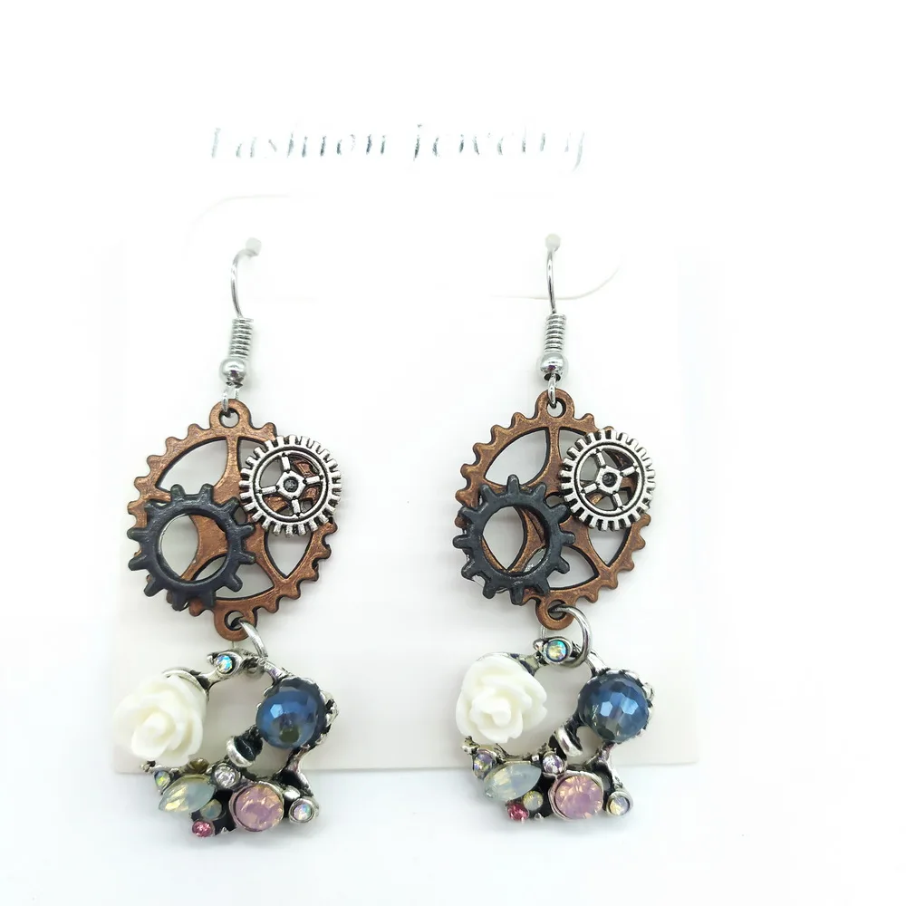 2020 New Original Design Mixture Gears with Floral Hoop Women`s Steampunk Earring