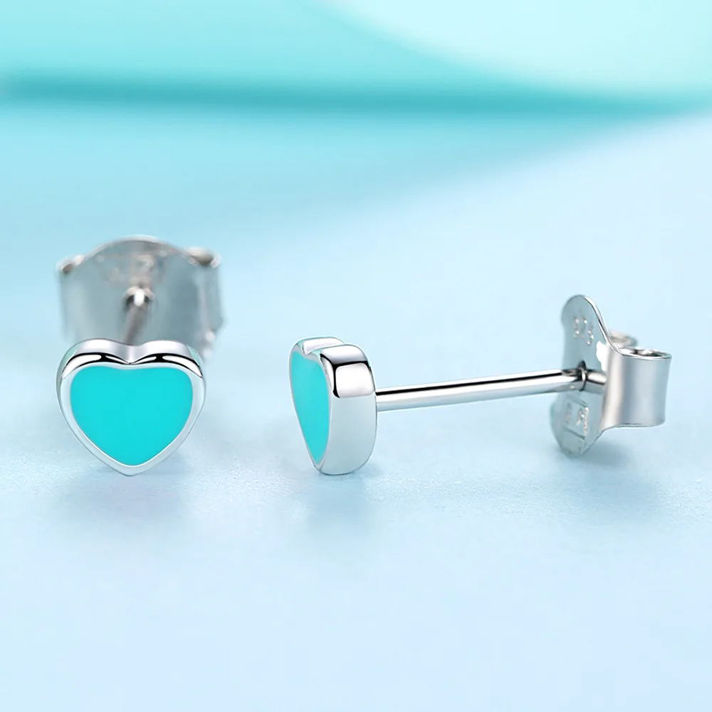 Silver Plated Blue Pink Enamel Heart Stud Earrings Love Promise Women Stud Earrings Lovely Girl Party Jewelry Gift