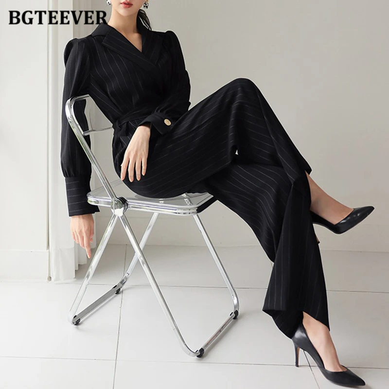 BGTEEVER Stylish Notched Collar Striped Women Playsuits Autumn Fashion Long Sleeve Belted Female Wide Leg Overalls Jumpsuits