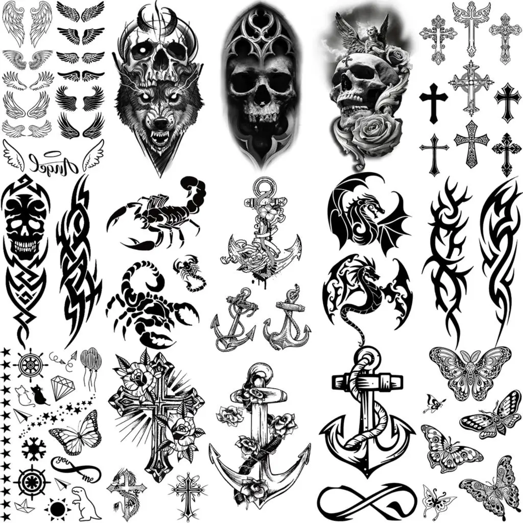 Black Tribal Anchor Scorpion Dragon Thorns Temporary Tattoos For Women Men Kids Cross Tatoo Butterfly Skull Fake Tattoo Small