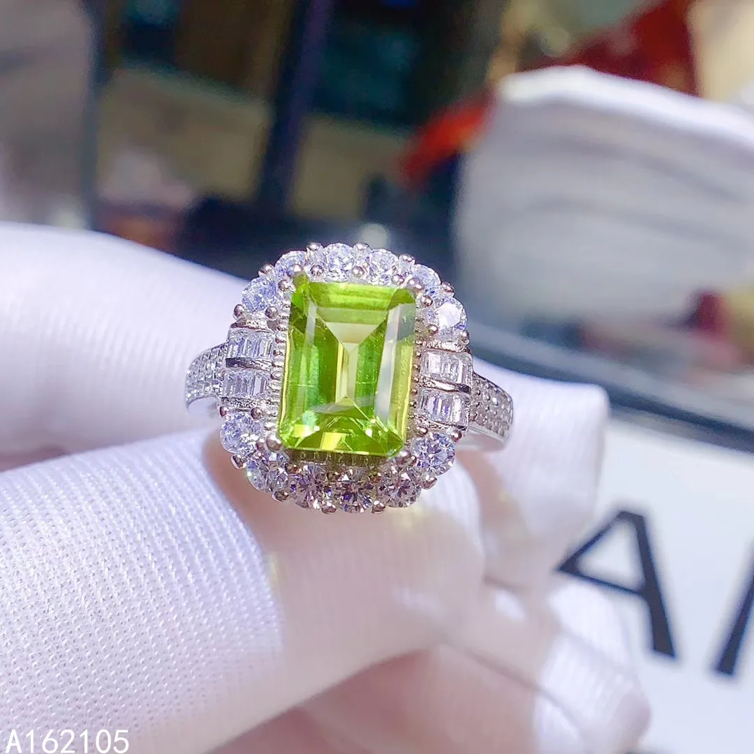 

925 Pure Silver Chinese Style Natural Peridot Women's Exquisite Elegant Rectangle Adjustable Gem Ring Fine Jewelry Support Detec